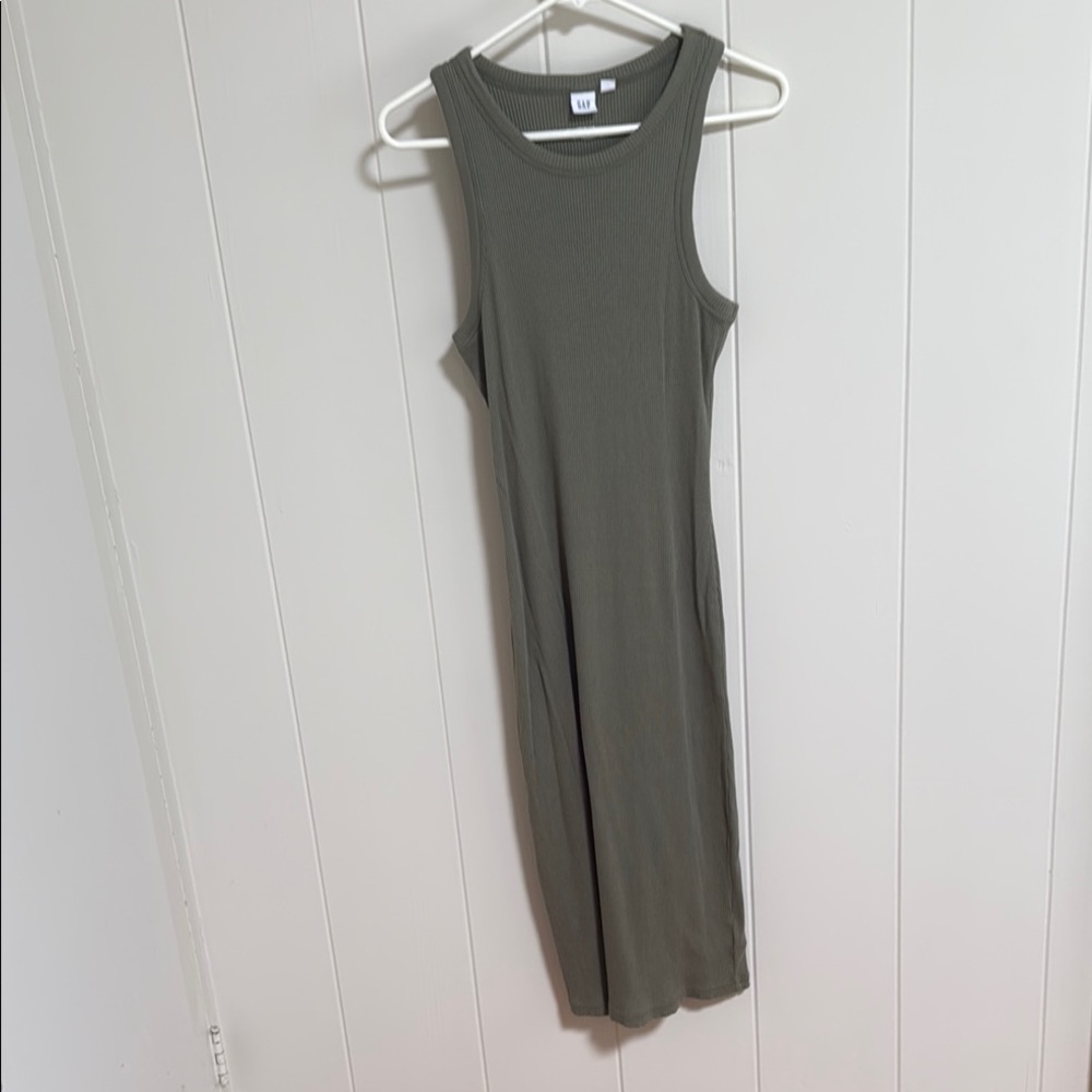 GAP Olive Green Sleeveless Ribbed Midi Dress